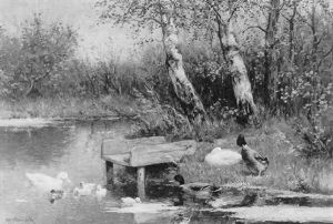 Eendenfamilie Met Kuikens Aan De Waterkant by David Adolph Constant Artz