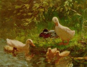 Ducks And Ducklings On A Riverbank