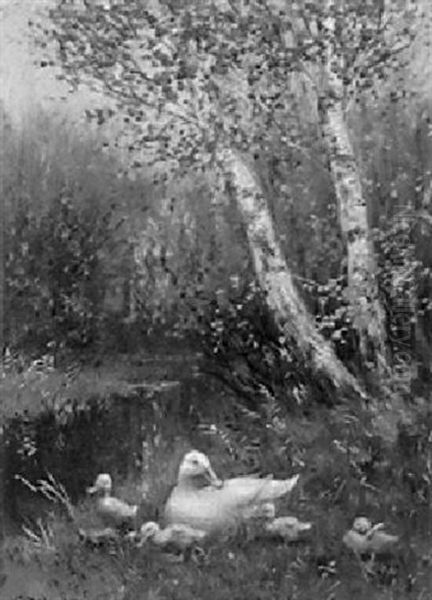 Ducks And Ducklings On A River Bank - view 1