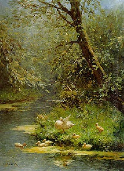 A Duck And Ducklings On A Sunlit Riverbank - view 1