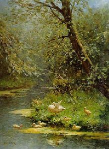 A Duck And Ducklings On A Sunlit Riverbank