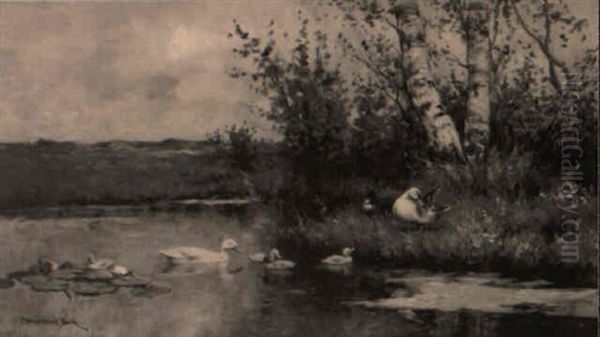 A River Landscape With Ducks And Ducklings - view 1