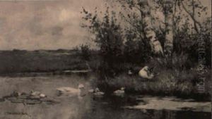 A River Landscape With Ducks And Ducklings