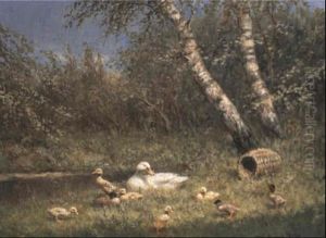 A Duck With Her Ducklings On A Riverbank