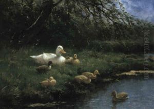 Family Of Ducks By A River by David Adolph Constant Artz