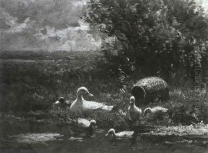 Ente Mit Kuken An Einem Teichufer by David Adolph Constant Artz