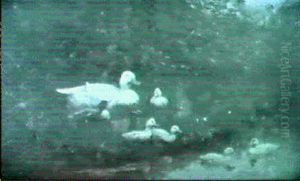 A Duck And Ducklings On A River Bank