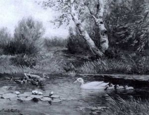 2 Enten Mit Kuken Auf Seerosenteich by David Adolph Constant Artz