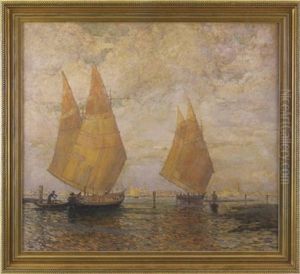 Harbour Scene With Two Sailboats In The Foreground And A Coastal City In The Background by Nicholas D' Ascenzo