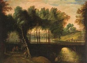 A Wooded Landscape With A Huntsman And Elegant Figures On A Path by Pieter Jansz van Asch