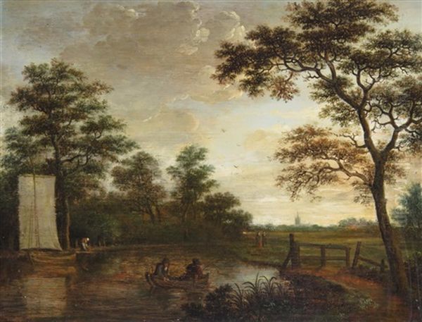 Wooded River Landscape With Figures In A Rowing Boat And Distant Steeple - view 1
