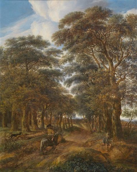 Eine Waldlandschaft Mit Reiter Und Einem Angler An Einem Teich - view 1