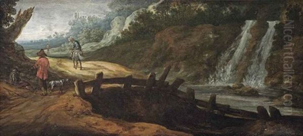A Rocky Landscape With Figures On A Path, A Waterfall To The Right - view 1