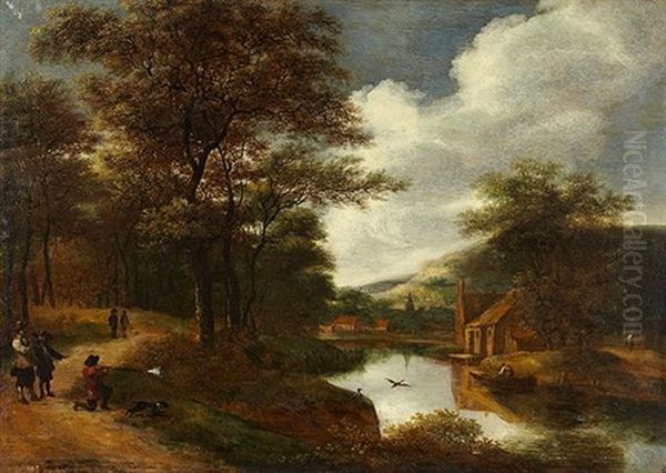 Paysage Fluvial Avec Un Chasseur Au Canard - view 1