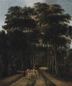 A Wooded Landscape With A Horse-drawn Carriage On A Track A Wooded Landscape With A Horse-drawn Carriage On A Track