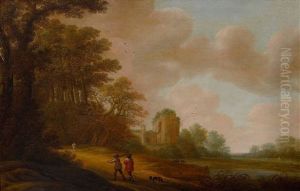 Wanderer Auf Einem Waldweg Bei Einer Kirchenruine