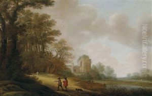 Ein Wanderer Auf Einem Waldweg Vor Einer Kirchenruine