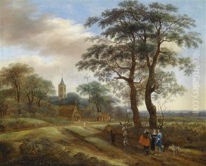 Eine Weite Landschaft Mit Einer Jagdgesellschaft, Im Hintergrund Ein Kirchturm by Pieter Jansz van Asch