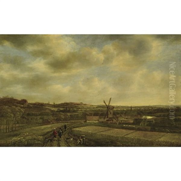 An Extensive Dune Landscape With A Windmill Near A Small Village, Figures Conversing On A Path Near Cornfields - view 1