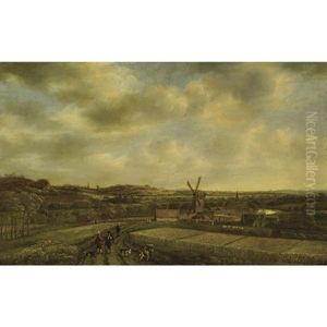 An Extensive Dune Landscape With A Windmill Near A Small Village, Figures Conversing On A Path Near Cornfields