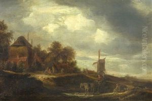 Dorflandschaft Mit Windmuhle Und Pferdekarren by Pieter Jansz van Asch