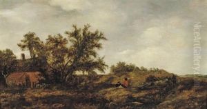 An Extensive Dune Landscape With Figures Resting, A Cottage Nearby by Pieter Jansz van Asch