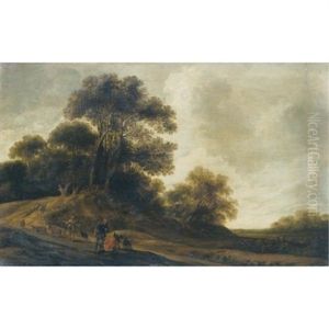 A Dune Landscape With Travellers Resting Beside A Road, A Shepherd Driving His Flock Towards A Wood Beyond by Pieter Jansz van Asch