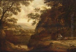 An Italianate Wooded Landscape With A Lady And A Sportsman Resting Under A Tree, A View Of A Temple And A Ruin Beyond by Pieter Jansz van Asch
