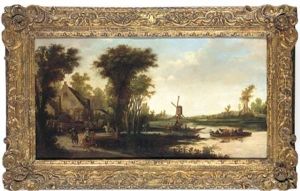 A River Landscape With Cattle And Drovers Being Ferried Across A River, A Windmill Beyond