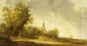 A Dune Landscape With Travellers And A Figure Resting, A Small Village And A Church Ruin Beyond