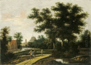 Bewaldete Flusslandschaft Mit Reisenden, Im Hintergrund Eine Stadt