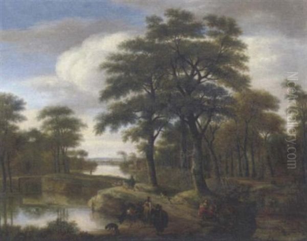 A Wooded River Landscape With Travellers On A Track - view 1