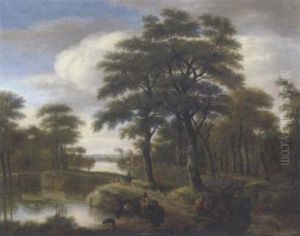 A Wooded River Landscape With Travellers On A Track A Wooded River Landscape With Travellers On A Track