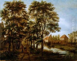 Allee Neben Einem Wasserarm Und Zwei Reisenden Allee Neben Einem Wasserarm Und Zwei Reisenden