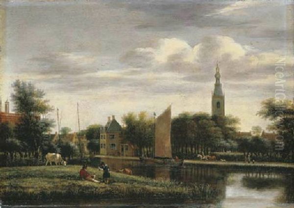 A Landscape With Figures Conversing On A Canal Bank In Overschie - view 1