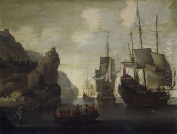 Galleons Offshore With A Fantastic Landscape And Figures On A Boat In The Foreground - view 1