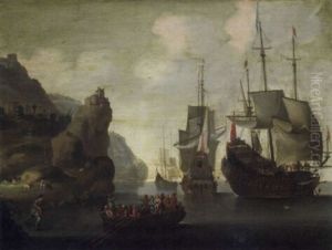 Galleons Offshore With A Fantastic Landscape And Figures On A Boat In The Foreground
