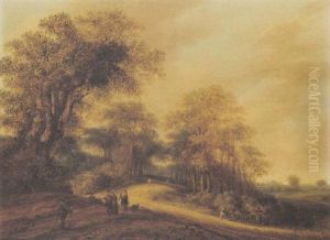 A Wooded Landscape With Travellers And A Falconnier On A Path A Wooded Landscape With Travellers And A Falconnier On A Path