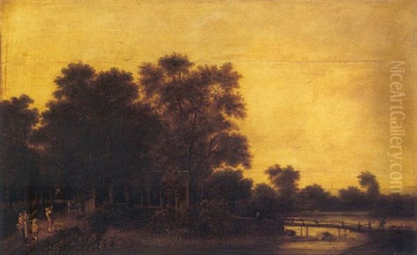 A Wooded River Landscape With Figures On A Path And A Goatherd By A Wooden Bridge - view 1