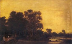 A Wooded River Landscape With Figures On A Path And A Goatherd By A Wooden Bridge by Pieter Jansz van Asch