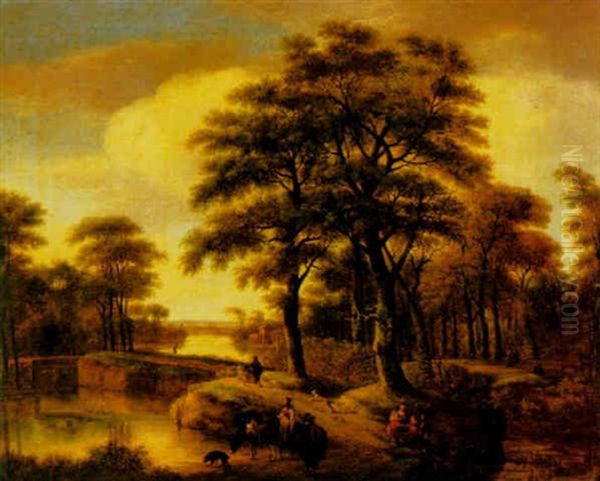 An Evening Landscape With A Family And Other Travellers Walking On A Country Path Beside A River, A Cottage Beyond - view 1