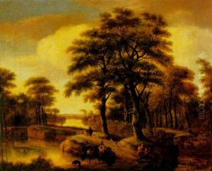 An Evening Landscape With A Family And Other Travellers Walking On A Country Path Beside A River, A Cottage Beyond by Pieter Jansz van Asch