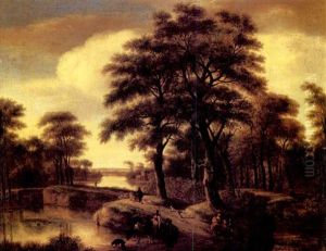 An Evening Landscape With A Family And Other Travellers Walking On A Counrty Path Beside A River, A Cottage Beyond An Evening Landscape With A Family And Other Travellers Walking On A Counrty Path Beside A River, A Cottage Beyond