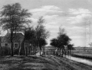 Figures On A Track By A House And Canal