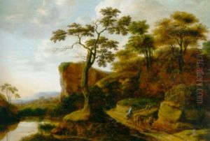 A Rocky Wooded River Landscape With Travellers And Mules On A Track