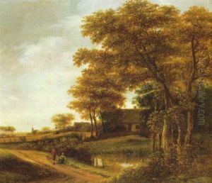 A Wooded Landscape With Travellers Resting On A Path Beside A Pond, With A Cottage And A Windmill Beyond by Pieter Jansz van Asch