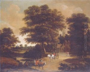 Peasants On A River Bank By An Inn At The Edge Of A Wood, A Village Beyond