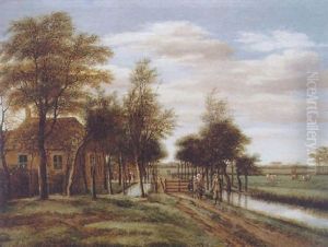 An Evening Landscape With A Family Walking On A Country Path Beside A Dyke, A Cottage And Cattle In A Meadow Beyond An Evening Landscape With A Family Walking On A Country Path Beside A Dyke, A Cottage And Cattle In A Meadow Beyond