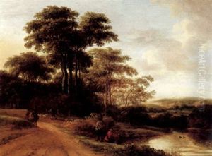 An Evening Landscape With Fishermen And Other Figures Beside A River An Evening Landscape With Fishermen And Other Figures Beside A River