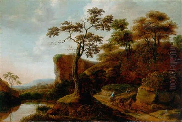 Rocky Wooded Landscape With Travellers With Mules On A Track - view 1